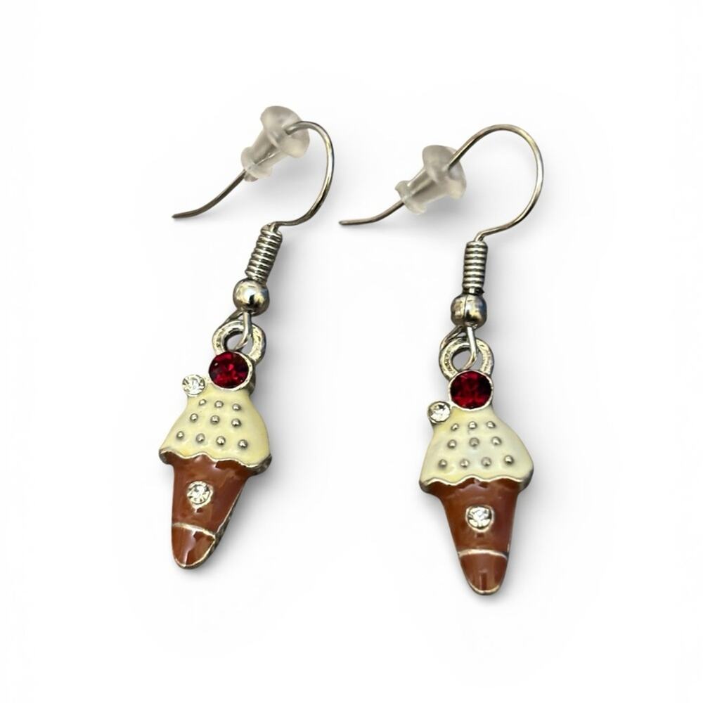Ice‎ Cream Cone Dangle Earrings Silver Tone Enamel Rhinestone Foodie Jewelry